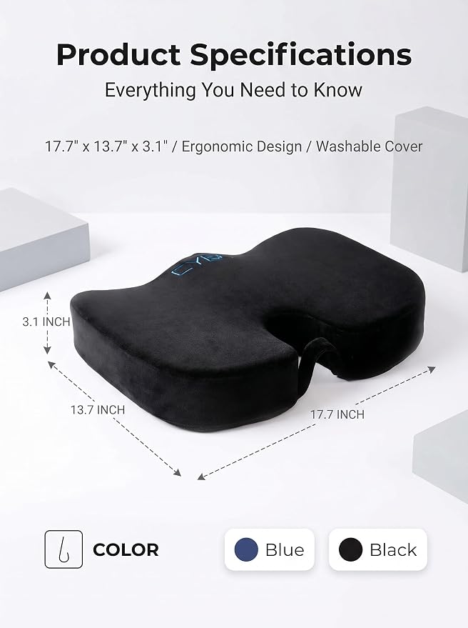 CYLEN Home Office Seat Cushion – Memory Foam Chair Cushion with Gel-Infused Material for Tailbone & Coccyx Pain Relief, Non-Slip Bottom, Machine Washable Cover – for Car, Wheelchair(Matte Black)