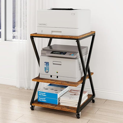 Natwind 3 Tier Printer Stand, 19.7''x19.7'' Large Printer Table with Height Adjustable Shelf, Rolling Printer Cart with Wheels,Multifunctional Organizer Shelf for Home Office Kitchen（Retro）