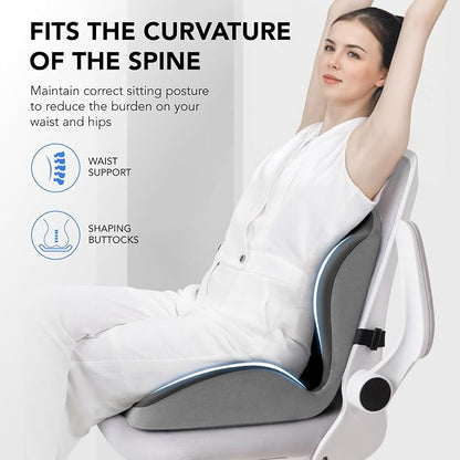 Ergonomic Waist Support and Seat Cushion, 2-in-1 Memory Foam Pad, Hollow Design for Coccyx, Suitable for Office Chairs, Car Safety Seats and Household Use - Relieves Lower Back and Hip Pain (Grey)