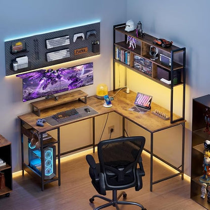 DEVAISE 60 Inch L Shaped Gaming Desk with Drawers and Storage, Corner Desk with LED Lights, Power Outlets, Computer Desk with Monitor Stand, Office Desk for Home, with Hutch, Rustic Brown