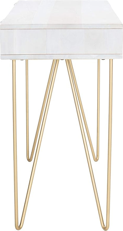 SAFAVIEH Home Office Collection Raveena White Wash and Brass 1-Drawer Hairpin Leg Desk