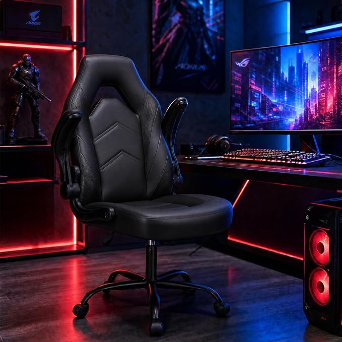 Sweetcrispy Computer Gaming Desk Chair: Big Tall Ergonomic Lumbar Support with Flip-up Armrest and 360° Swivel Wheels, PU Leather Height Adjustable, for Home and Office, Black