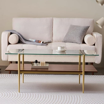 LumFurn Rectangle Coffee Table, Mid-Century Modern Design, L41 W21 x H17, for Living Room, 2-Tier Structure, Clear Glass Top and Walnut MDF Shelf, Sleek Conical Metal Legs with Gold Finish