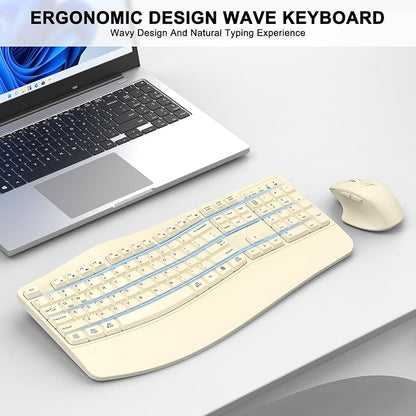 Wireless Keyboard and Mouse Combo, Ergonomic Wave Keys (Latte) | 2.4G Full Size Wave Keyboard with Wrist Rest, 3-Level DPI Adjustable Ergonomic Mouse for Windows and Mac OS Desktop/Laptop/PC