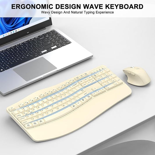 Wireless Keyboard and Mouse Combo, Ergonomic Wave Keys (Latte) | 2.4G Full Size Wave Keyboard with Wrist Rest, 3-Level DPI Adjustable Ergonomic Mouse for Windows and Mac OS Desktop/Laptop/PC