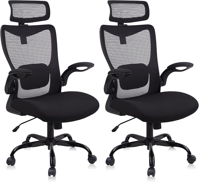 CLATINA Heavy Duty Ergonomic Mesh Office Chair 400LBS, Big and Tall Desk Chair with Adjustable Lumbar Support & Headrest, Flip Up Padded Arms, Swivel Computer Chair for Home, Conference, Black, 2 PACK