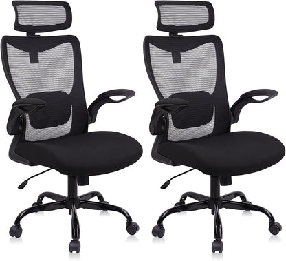CLATINA Heavy Duty Ergonomic Mesh Office Chair 400LBS, Big and Tall Desk Chair with Adjustable Lumbar Support & Headrest, Flip Up Padded Arms, Swivel Computer Chair for Home, Conference, Black, 2 PACK