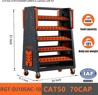 CAT50 CNC Tool Cart-70 Cap, 5-Tier CNC Rolling Carts with Wheels，40 Taper Tool Holder, CNC Mobile Tool Holder, CNC Tool Organizer, CAT 40 Tool Holder Set for StorehouseFactory Garage