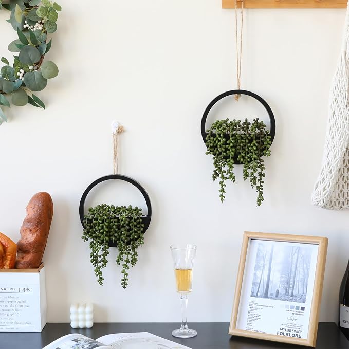 2 Pack Fake Plants Artificial Wall Hanging Plants, Boho Hanging Planter Fake Succulents Artificial String of Pearls in Black Wooden Pots with Lanyard for Home Office Wall Decoration