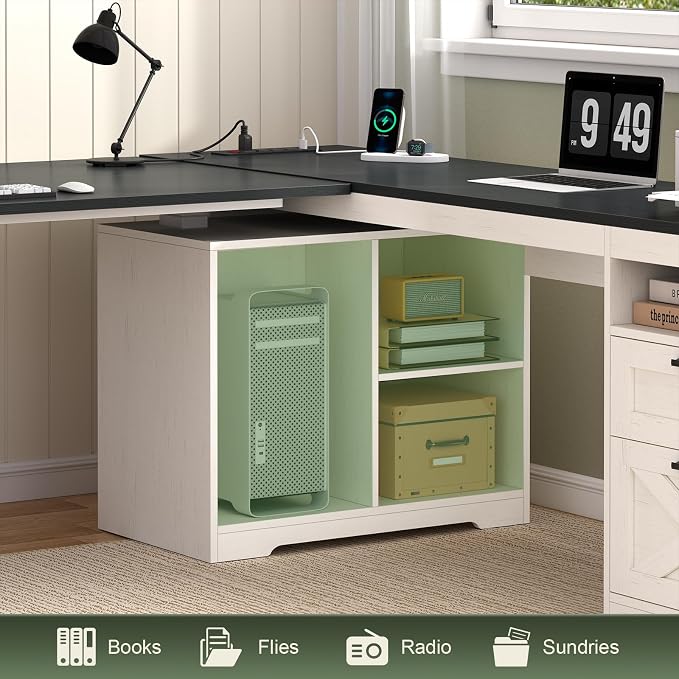 YOMILUVE Farmhouse L Shaped Standing Desk, 66 inch Corner Electric Standing Desk with Drawers ＆ Storage Shelves, Height Adjustable Computer Desk with Power Outlets for Home Office (Black and White)