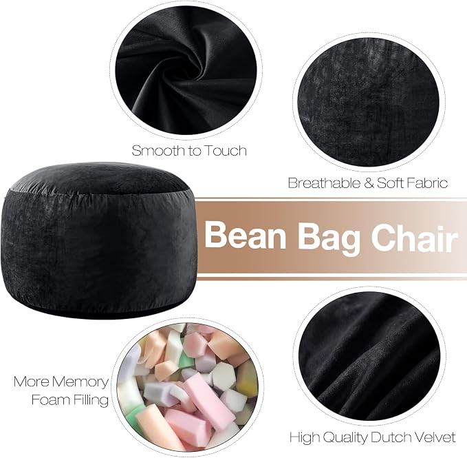 WhatsBedding 3 ft Bean Bag Chair,Large Bean Bag Chairs for Adults with Memory Foam Filling,Lazy Bean Bag Sofa for Living Room,Ultra Soft Velvet Fabric,Pull-Handle,Side-Pocket - 3 Foot,Black