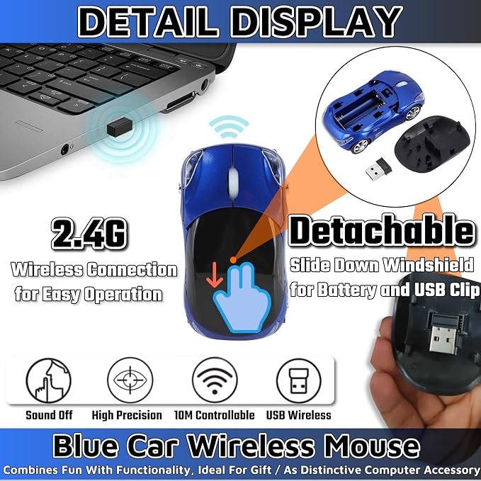 HuGuWdy Blue Cute Wireless Mouse，2.4G with USB Reciver 1600DPI Car Mouse for Computer Laptop Tablet for Windows for Mac OS for Christmas（Blue）