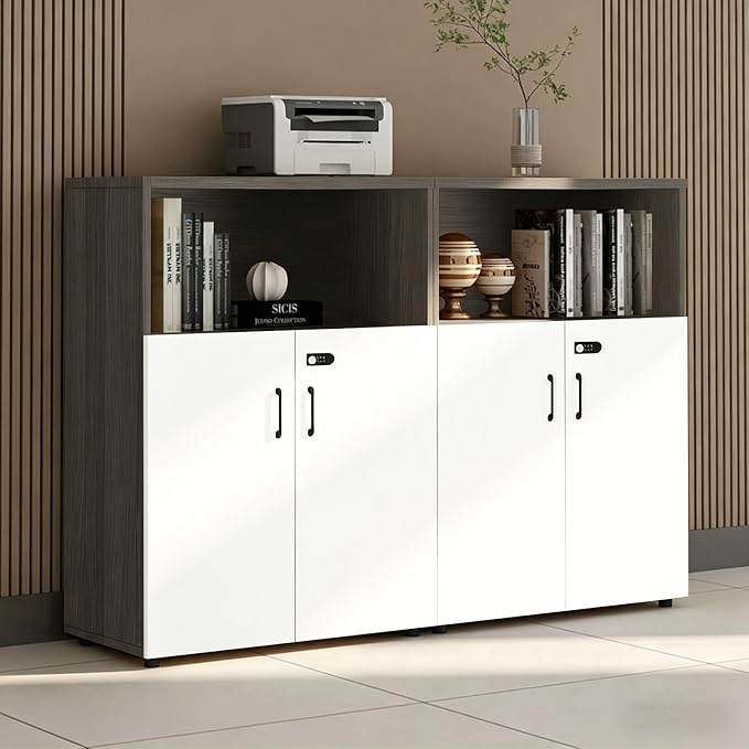 File Cabinet with Password Lock, Wood Lateral Filing Cabinet for Letter/A4 Files, 3 Drawer with Door, Printer Stand with Open Shelves for Home Office