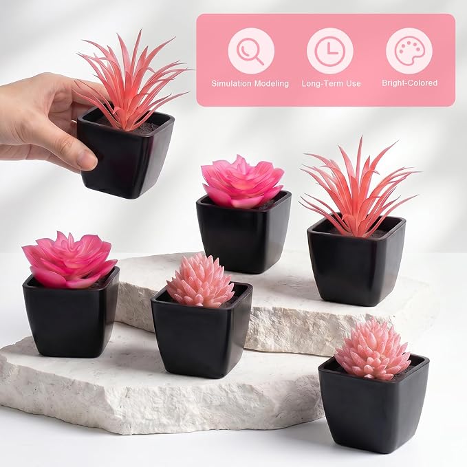 6 Pcs Pink Artificial Succulent Plants in Black Pots, Small Fake Succulents for Pink Room Decor Bathroom Decor Office Desk, Lifelike Faux Plants with Minimalist Modern Aesthetic