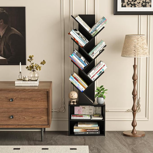 SHEEPAM 10 Tier Tree Bookshelf,Floor Standing Wood Tall Bookcase for Narrow Space, Storage Organizer Bookshelves for Books, Book Case for CDs/Movies/Books,Home Office,Living Room, Bedroom