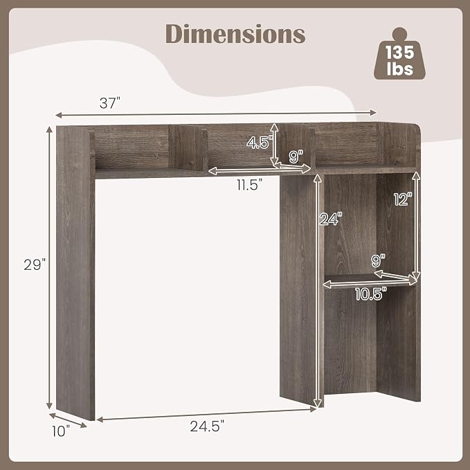 LDAILY Desktop Shelf, Multipurpose Wood Desk Hutch for Max 27" Computer Monitor, Countertop Storage Hutch with 5 Shelves, 3 Tier Desktop Display Rack for Dorm Office Home (Grey Oak)