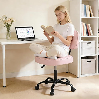 DUMOS Home Office Desk Chair - Ergonomic Armless PU Leather Computer Rolling Task Chair，with Comfy Lumbar Support and Height Adjustable, Vanity, Bedroom, Living Room, Pink