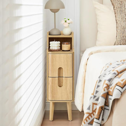 Narrow End Table Living Room, Wooden Small 2 Drawer Nightstand Bedroom, Thin Couch Side End Table, Vintage Skinny Bedside Table Small Spaces, Mid Century Modern Night Stand with Drawers (Natural-1 pc)