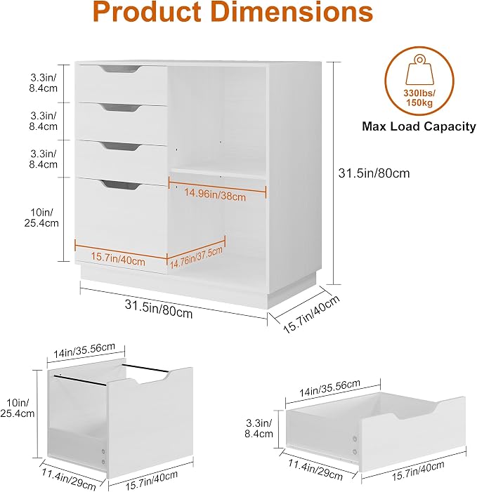 TQVAI 4 Drawer Filing Cabinet Organizer with 2 Open Shelves, Heavy Duty for Storing Letter A4 Size and Printer, Wood Lateral File Cabinets for Home Office, Hanging Files, White, Easy Assembly