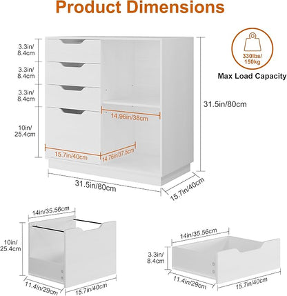 TQVAI 4 Drawer Filing Cabinet Organizer with 2 Open Shelves, Heavy Duty for Storing Letter A4 Size and Printer, Wood Lateral File Cabinets for Home Office, Hanging Files, White, Easy Assembly