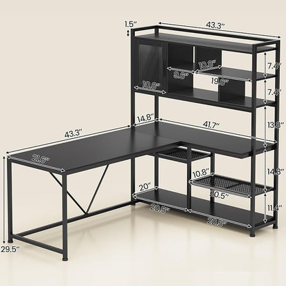 SEDETA L Shaped Computer Desk, 58'' Office Desk with LED Light and Bookshelf, L Shaped Corner Desk with Storage Shelves for Home Office, Gaming Desk, L Desk, Black