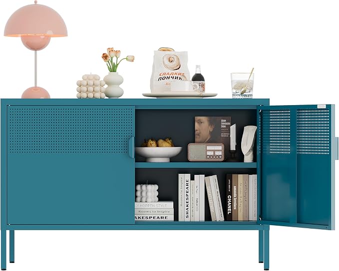 Metal Storage Cabinet,2 Door TV Stand, Metal Mesh Accent Cabinet,Magnetic Door Closure,Low Storage Cabinets with Doors and Shelves