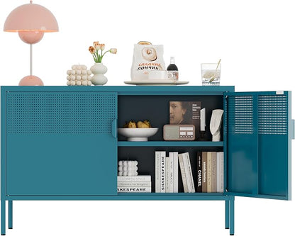 Metal Storage Cabinet,2 Door TV Stand, Metal Mesh Accent Cabinet,Magnetic Door Closure,Low Storage Cabinets with Doors and Shelves