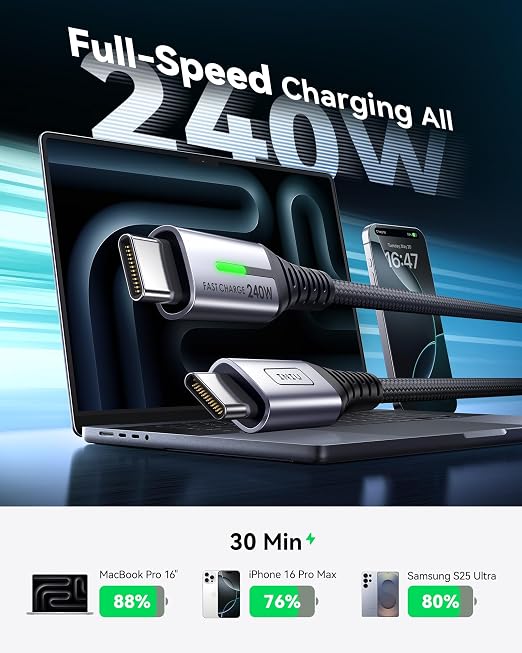 INIU USB C to USB C Cable, 240W Fast Charging Type C Charger Cord, Braided USBC Phone Charger Cable for iPhone 17 16 Pro Max Samsung S26 S25 Laptops MacBook Air 15 M3 iPad Switch [6.6ft+6.6ft Black]