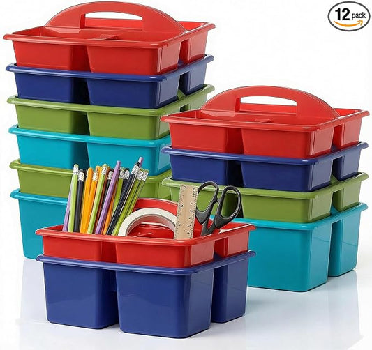 Kathfly 12 Pack Classroom Caddy Organizer with Handle, Plastic Art Craft Cleaning Caddy Bulk, Small Multipurpose Supply Organization Storage Basket for Table Desk Office Pencil Teacher (Deep Color)
