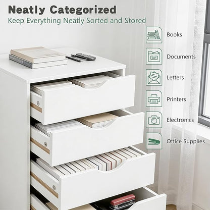 SweetGO 5 Drawer File Cabinet, Under Desk Storage with Drawers, Wood File cabinets for Home Office, Dorms (White)