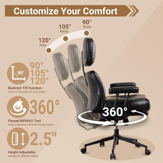 Home Office Chair,Ergonomic Computer Chair with Lumbar Support Adjustable Height,Mid-Century Modern Office Chair with Rolling Swivel Chair for Home Office Game Study(PU Leather Chair,Dark)