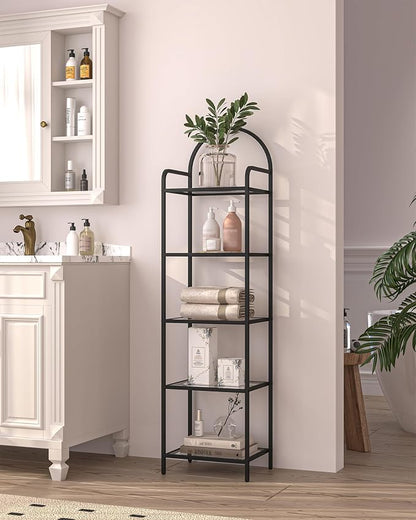 Hzuaneri Bookcase Bookshelf, Tempered Glass Bookshelves, Slim Shelving Unit for Bedroom, Bathroom, Home Office, Steel Frame, 5 Tier Black BC05001B