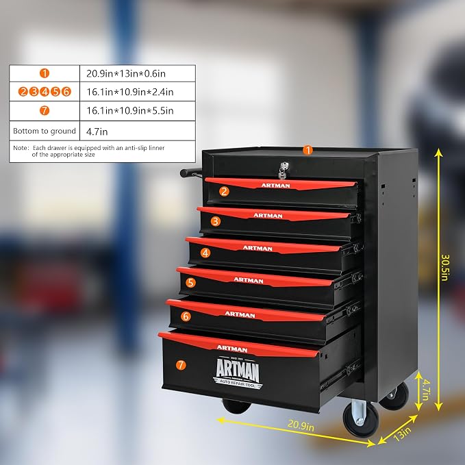 RYH 6 Drawers Rolling Tool Chest - Heavy Duty Mobile Tool Cart with Locking Wheels & Ball Bearing Drawers，30.5" H x 20.9" W x 13" D, Garage Tool Storage Cabinet (Black, 6 Drawers)