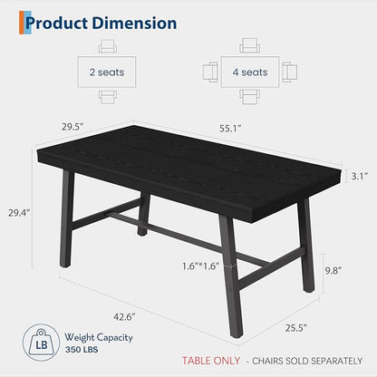 GarveeHome Industrial Dining Table for 2-4, 55" Heavy Duty Rectangular Kitchen Table with 2"×2" Metal Legs, Small Space Dining Table for Kitchen, Dining Room (Black, 55" Non-extendable)