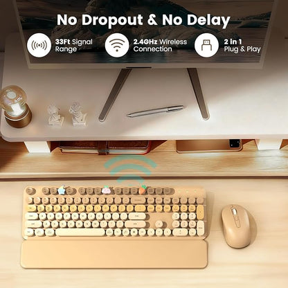 Wireless Keyboard and Mouse Combo, Full-Size Retro Typewriter Keyboard with Round Keycaps, Magnetic Wrist Rest & Tilt Legs, 2.4GHz Cordless for Mac/Windows PC/Laptop, SABLUTE CK23, Latte Gradient