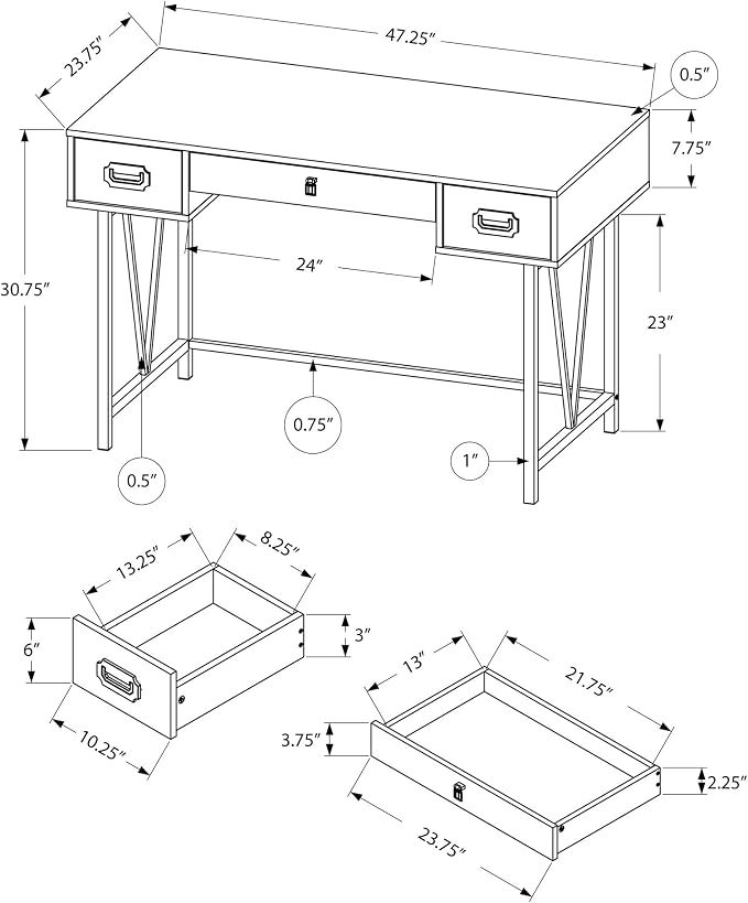 Monarch Specialties Laptop Table with Drawers-Industrial Style-Metal Legs Computer Desk Home & Office, 48" L, Grey Reclaimed Wood Look