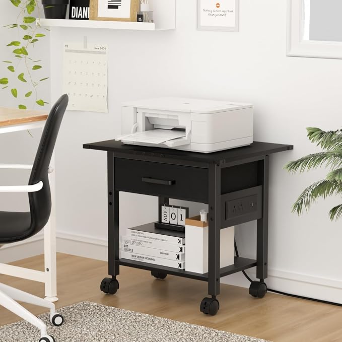 Lerliuo Under Desk Rolling Printer Stand with Charging Station and USB Ports, 2-Tier Printer Table Desk with Fabric Drawer, Printer Cart Holder with Lockable Wheels for Home, Office (Black)