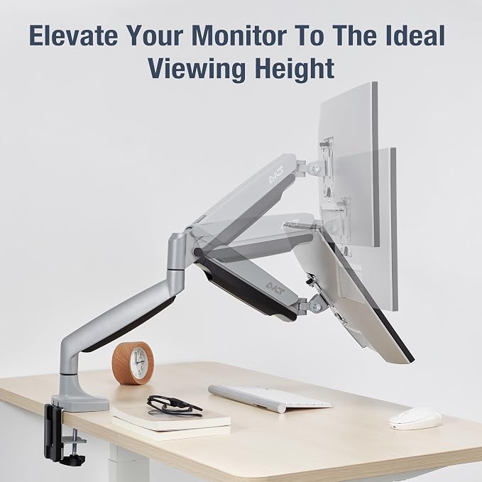 AVLT Single Monitor Arm Desk Mount for 17-45" Screens, Heavy Duty - Gray | Supports flat, curved or ultrawide screens up to 26.4 lbs. Mechanical spring, 4 VESA patterns and tool-free cable management.