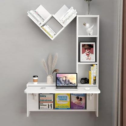 Folding Wall Mounted Drop Leaf Table, Foldable Desk with Moveable Cabinets, Floating Laptop with Convertible Storage Shelves, Multifunctional Computer Workstation in Home for Space Saving