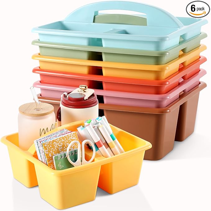 6 Pack 3 Compartment Small Caddy Plastic Classroom Organizer with Handle Portable Teacher Supply Storage Caddy Craft Art Caddies for Pencil, Crayon, Marker, Home, Office, School Supplies(Boho)