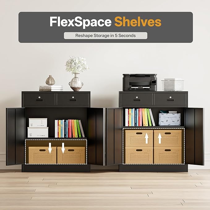 Metal Storage Cabinet, 36 Inch Tall Locking Cabinet with 2 Doors and 2 Drawers, Metal Cabinets with Adjustable Shelf, Garage Cabinets for Garage, Warehouse, Classroom, Home Office, Black