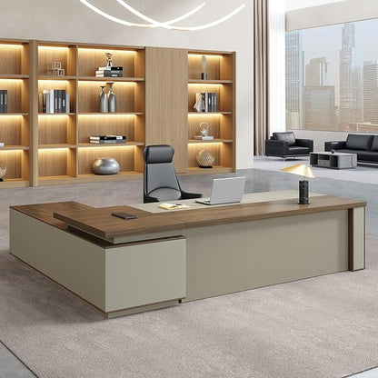 L Shape Executive Desk with Reversible Drawer Cabinet, Lockable Storage & Cable Box, Large Modern Office Desk for CEO or Home Workspace (Black Walnut+Khaki, 95" L*71" W*30" H)