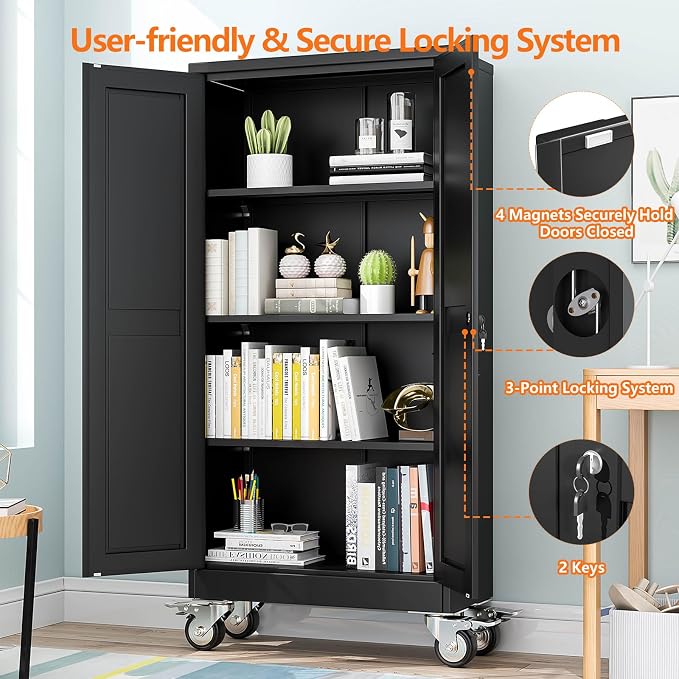 pozdeg 61" Metal Garage Storage Cabinets with Wheels, Lockable Rolling File Cabinets with 2 Doors and 3 Adjustable Shelves, Steel Tool Organizer Locker for Office Home Garage Gym School, Black
