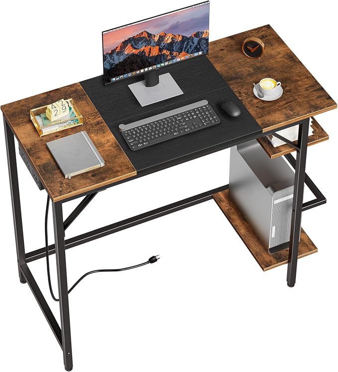 HOOBRO Small Computer Desk, Home Office Desk with Power Outlet, Writing Desk with 2 Shelves, Modern Small Desk for Home Office, Study, Easy to Assemble, Rustic Brown and Black BF43UDN01