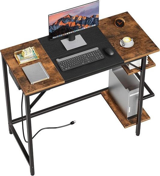 HOOBRO Small Computer Desk, Home Office Desk with Power Outlet, Writing Desk with 2 Shelves, Modern Small Desk for Home Office, Study, Easy to Assemble, Rustic Brown and Black BF43UDN01