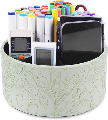 Remote Control Holder, 360°Spinning PU Leather Desk TV Remote Caddy,Desk Storage Box Room Accessories for Controller, Media,Mail,Calculator, Mobile Phone,Pencil(1-Carved Green1)