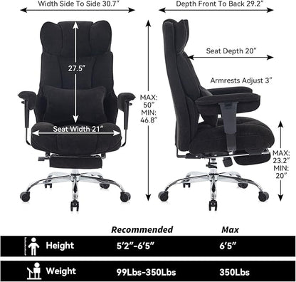 Efomao Executive Office Chair 400lbs, Black Fabric Big and Tall Desk Chair | Breathable fabric, pocket spring & foam seat, retractable footrest, 135° recline for computer gaming setup