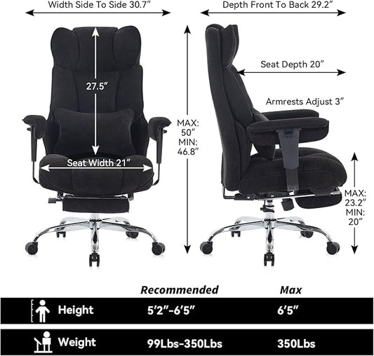 Efomao Executive Office Chair 400lbs, Black Fabric Big and Tall Desk Chair | Breathable fabric, pocket spring & foam seat, retractable footrest, 135° recline for computer gaming setup