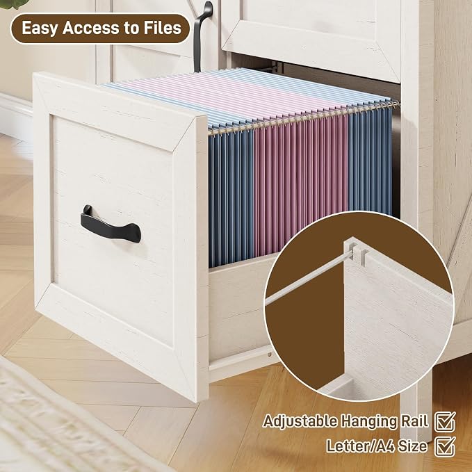 Halitaa Lateral File Cabinet with 2 Drawers, Farmhouse File Cabinet for Letter/A4 Size Hanging Files, Large Wood File Storage Cabinets Printer Stand for Home Office Furniture, Rustic White