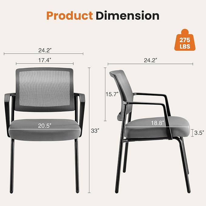 Mesh Back Stacking Arm Chairs, Office Reception Guest Chair with Upholstered Fabric Seat and Ergonomic Lumber Support, Sturdy Metal Office Chairs, Grey-1pack